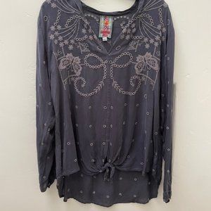 Johnny Was grey Embroidered Tie Up Top Size L